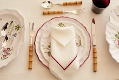 Z.d.G. Place Settings & Linens|Soft Linen Cord Embroidered Dinner Napkin in White with Bergonia