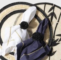 Joanna Buchanan Place Settings & Linens|Straw Pompom Napkin Rings in Black, Set of Four