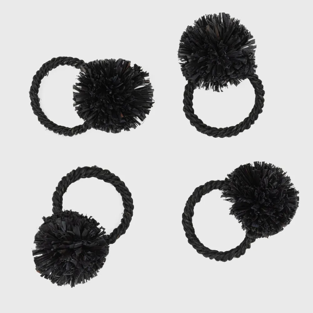 Joanna Buchanan Place Settings & Linens|Straw Pompom Napkin Rings in Black, Set of Four