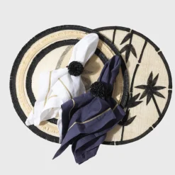Joanna Buchanan Place Settings & Linens|Straw Pompom Napkin Rings in Black, Set of Four