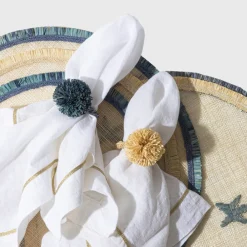 Joanna Buchanan Place Settings & Linens|Straw Pompom Napkin Rings in Indigo, Set of Four