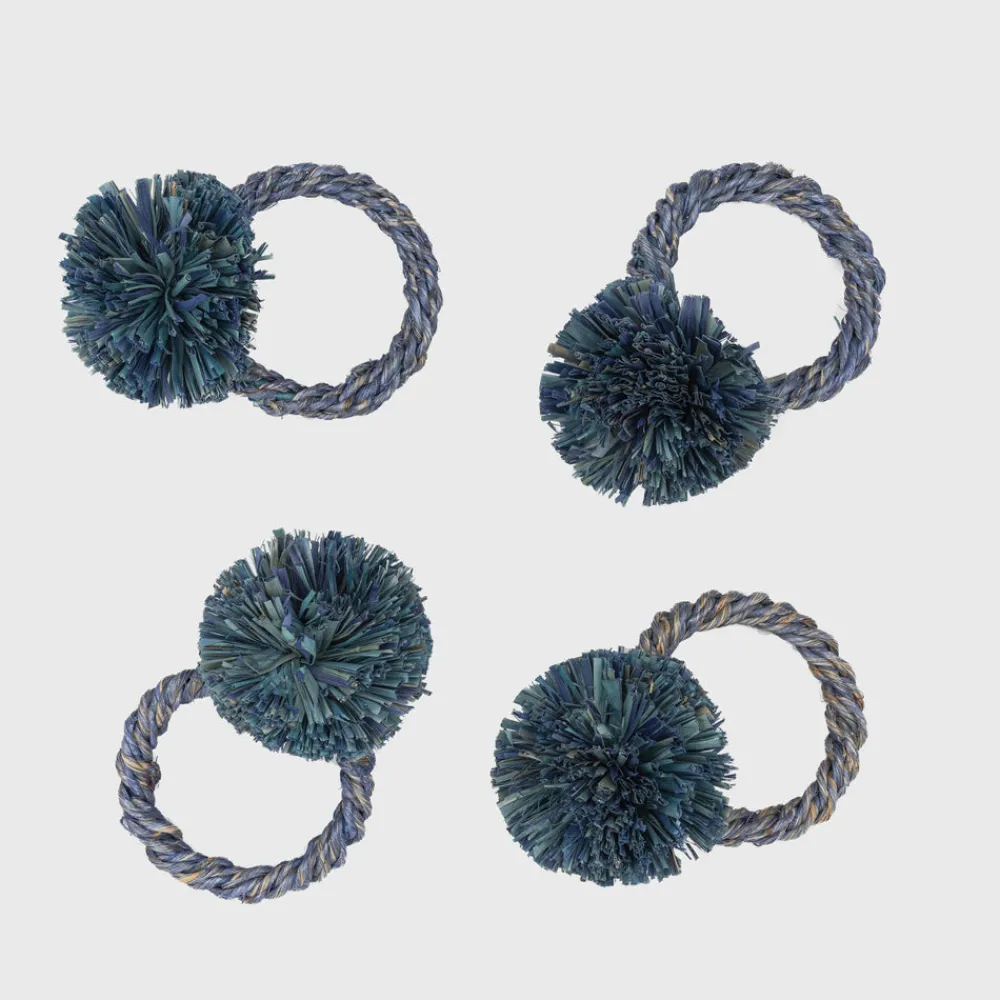 Joanna Buchanan Place Settings & Linens|Straw Pompom Napkin Rings in Indigo, Set of Four