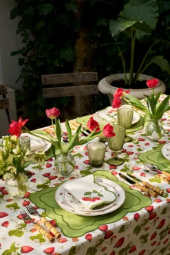 Loulou La Dune Place Settings & Linens|Strawberry Fields Tablecloth with Green Trim