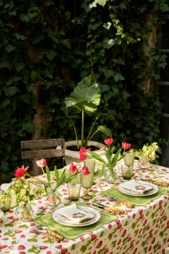 Loulou La Dune Place Settings & Linens|Strawberry Fields Tablecloth with Green Trim