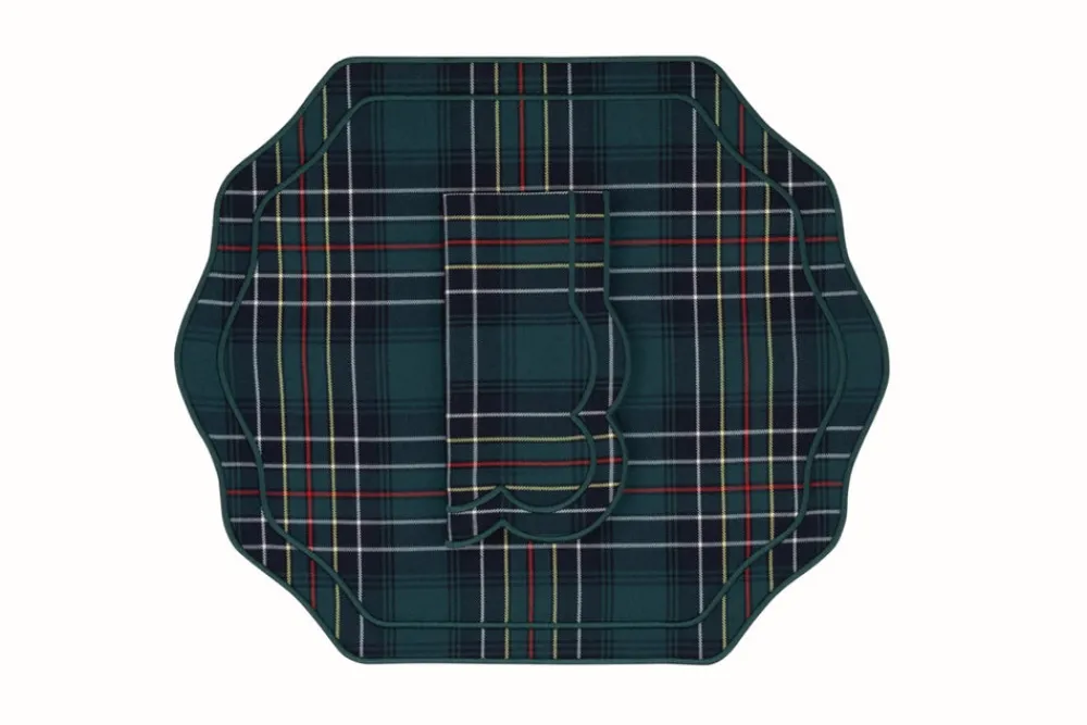 TriChi Design Place Settings & Linens|Stucco Green Tartan Napkin and Placemat, Set of 2
