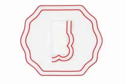 TriChi Design Place Settings & Linens|Stucco Linen Napkin and Placemat in White with Red Trim, Set of 2