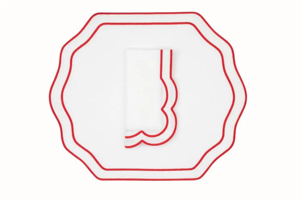 TriChi Design Place Settings & Linens|Stucco Linen Napkin and Placemat in White with Red Trim, Set of 2