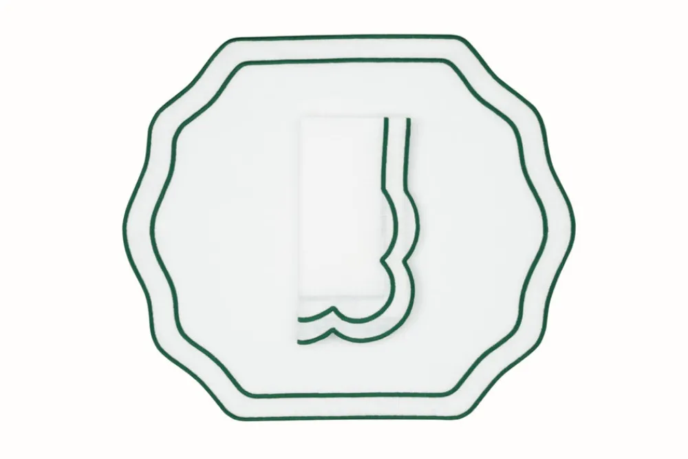 TriChi Design Place Settings & Linens|Stucco Linen Napkin and Placemat in White with Green Trim, Set of 2
