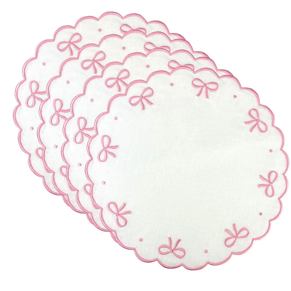 Flying Sheep Country Place Settings & Linens|Studio Collection - Juliet Bows Placemats in White and Pink, Set of 4