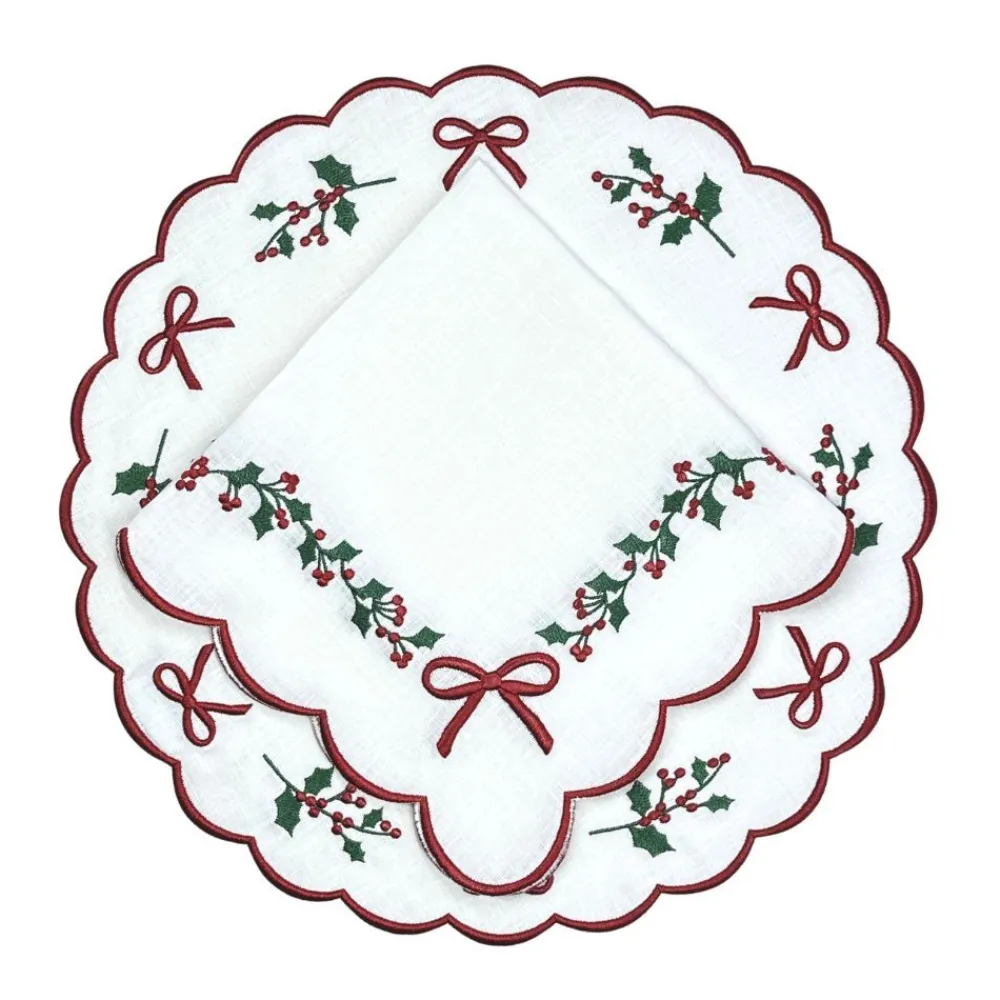 Flying Sheep Country Place Settings & Linens|Studio Collection - Linen: Holly & Bows in Napkin, Set of 4