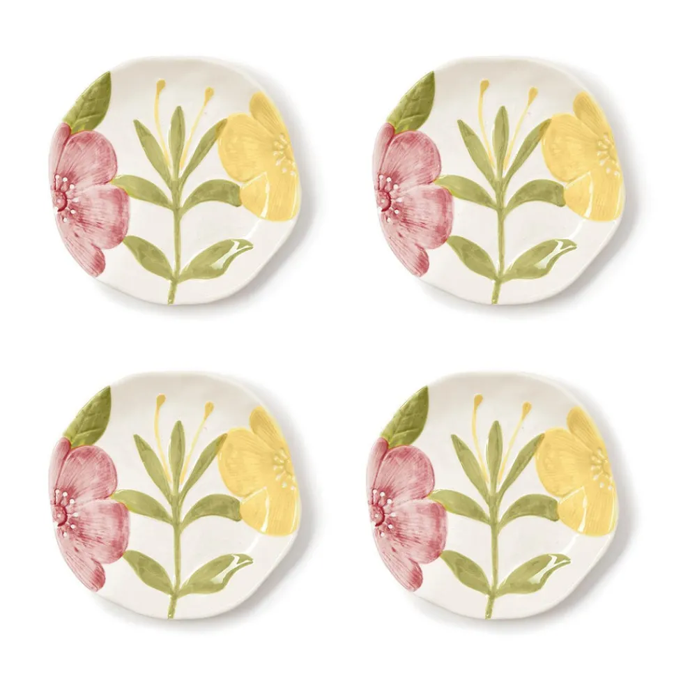 Two's Company Dinnerware|Tidbit Plates with Hand-Painted Floral Relief Design, Set of 4