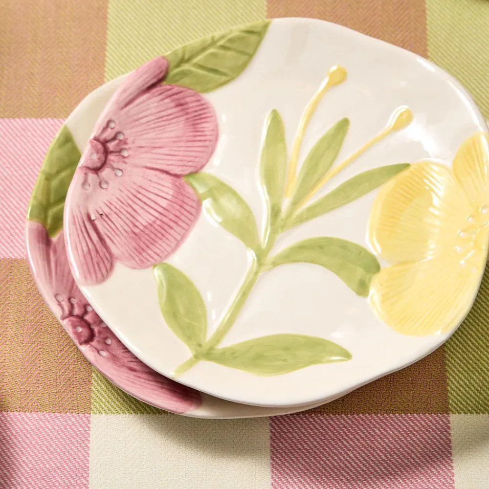 Two's Company Dinnerware|Tidbit Plates with Hand-Painted Floral Relief Design, Set of 4