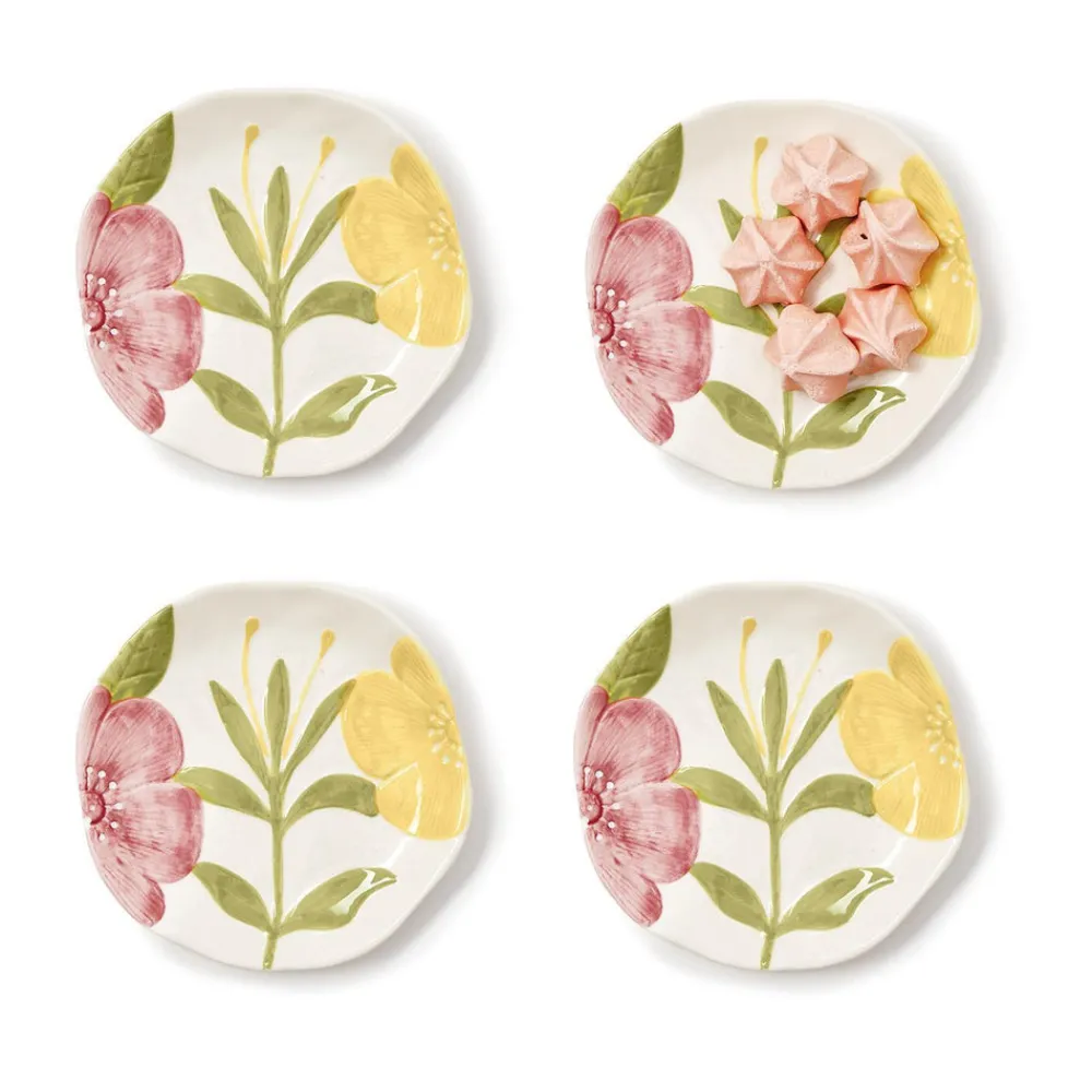 Two's Company Dinnerware|Tidbit Plates with Hand-Painted Floral Relief Design, Set of 4