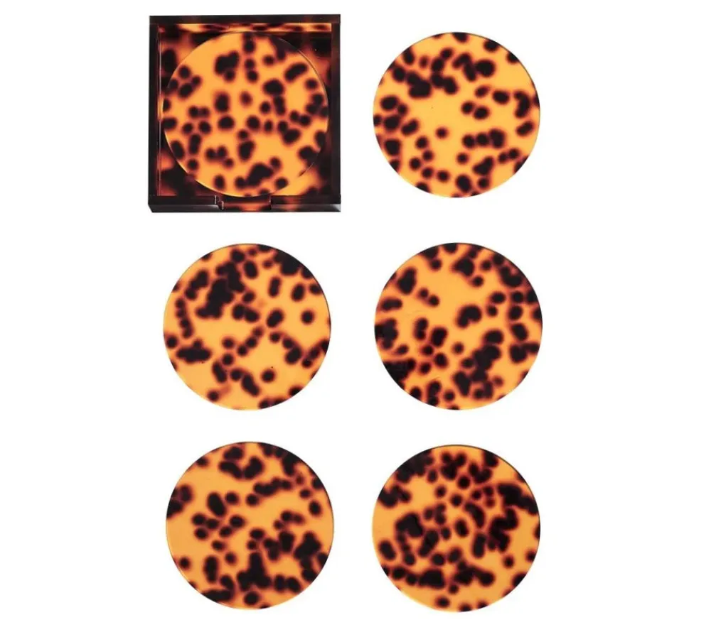 Kim Seybert Place Settings & Linens|Tortoise Drink Coasters in Brown, Set of 6 in a Caddy