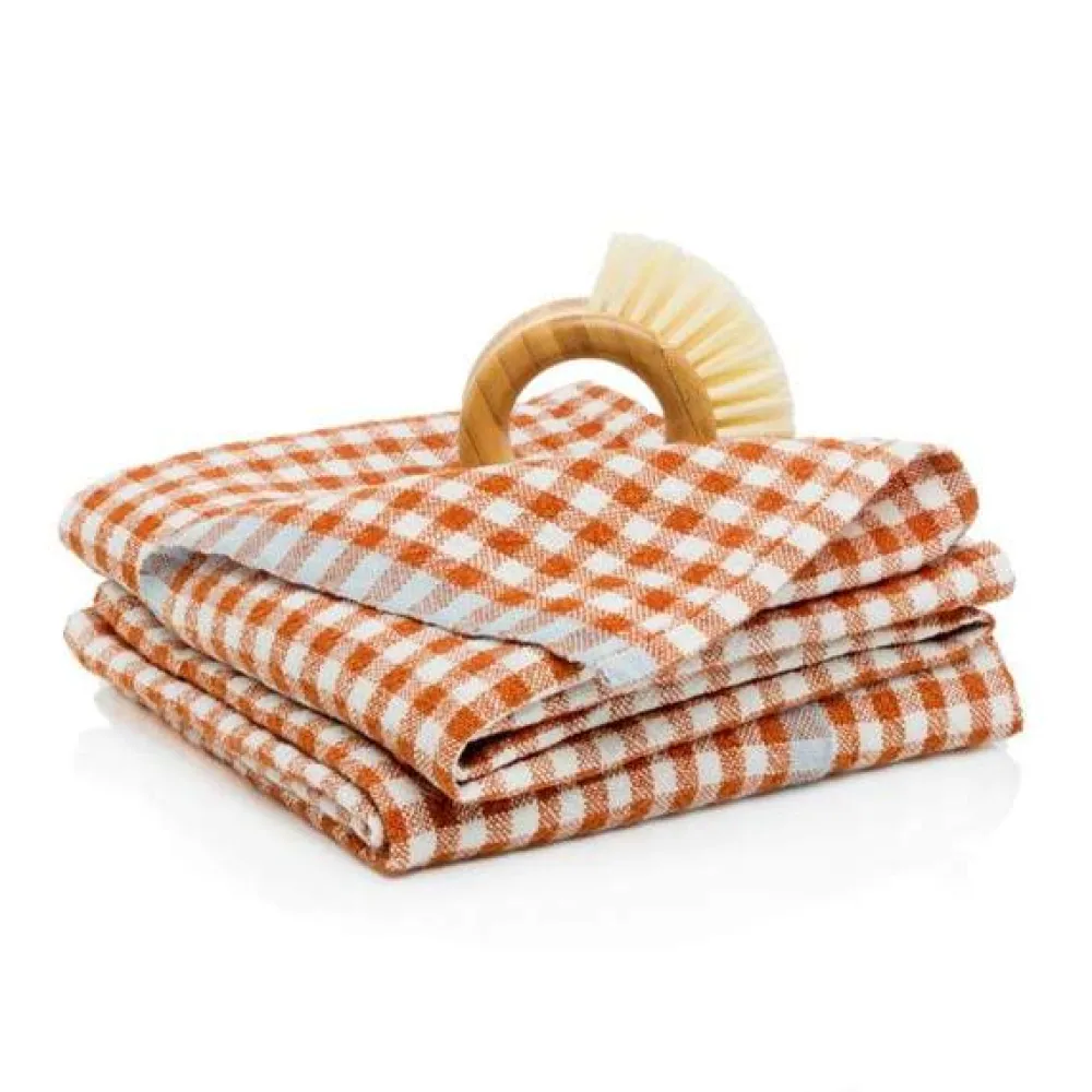 Caravan Place Settings & Linens|Two-Tone Gingham Towels in Cognac & Blue, Set of 2