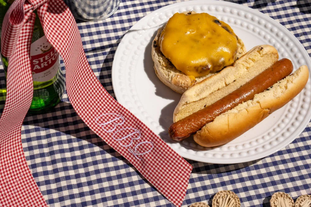 No Reservations Place Settings & Linens|Wine Bow “BBQ” in Red Gingham with White