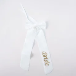 No Reservations Place Settings & Linens|Wine Bow “Bride” in White with Gold