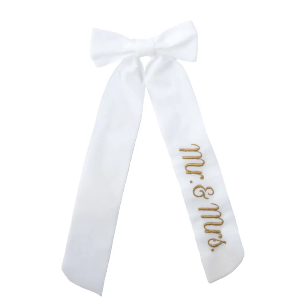 No Reservations Place Settings & Linens|Wine Bow “Mr. & Mrs.” in White with Gold