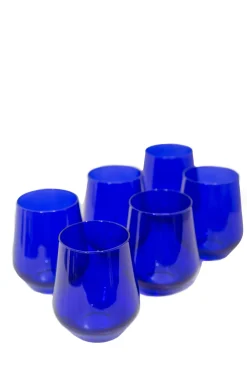 Estelle Colored Glass Glassware|Wine Stemless, Set of 6 Royal Blue
